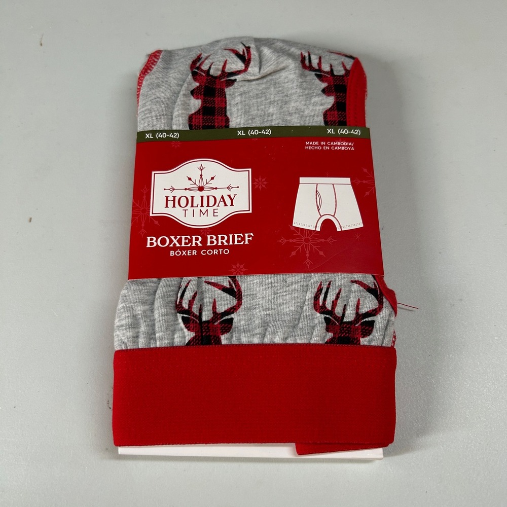 Holiday Time Boxer Briefs Reindeer Plaid Mens XL‎ (40-42) Christmas Holiday NWT